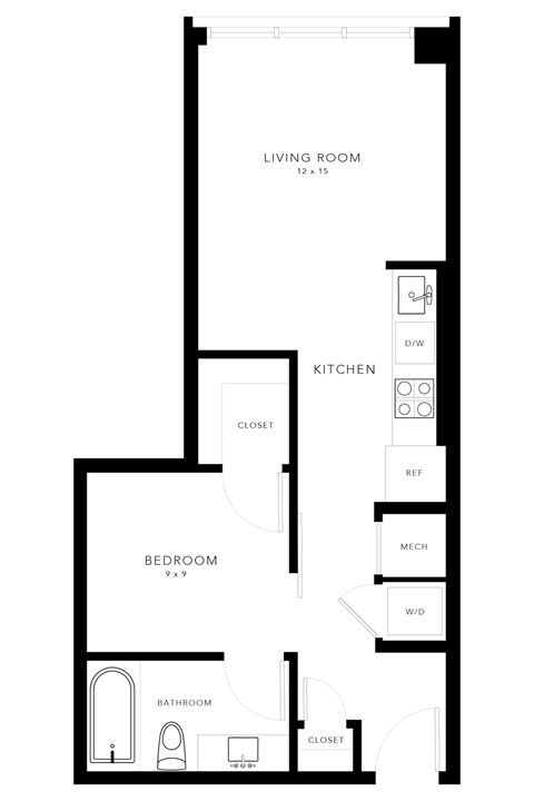 Floor plan for 1 bed, 1 bath, 479 sqft